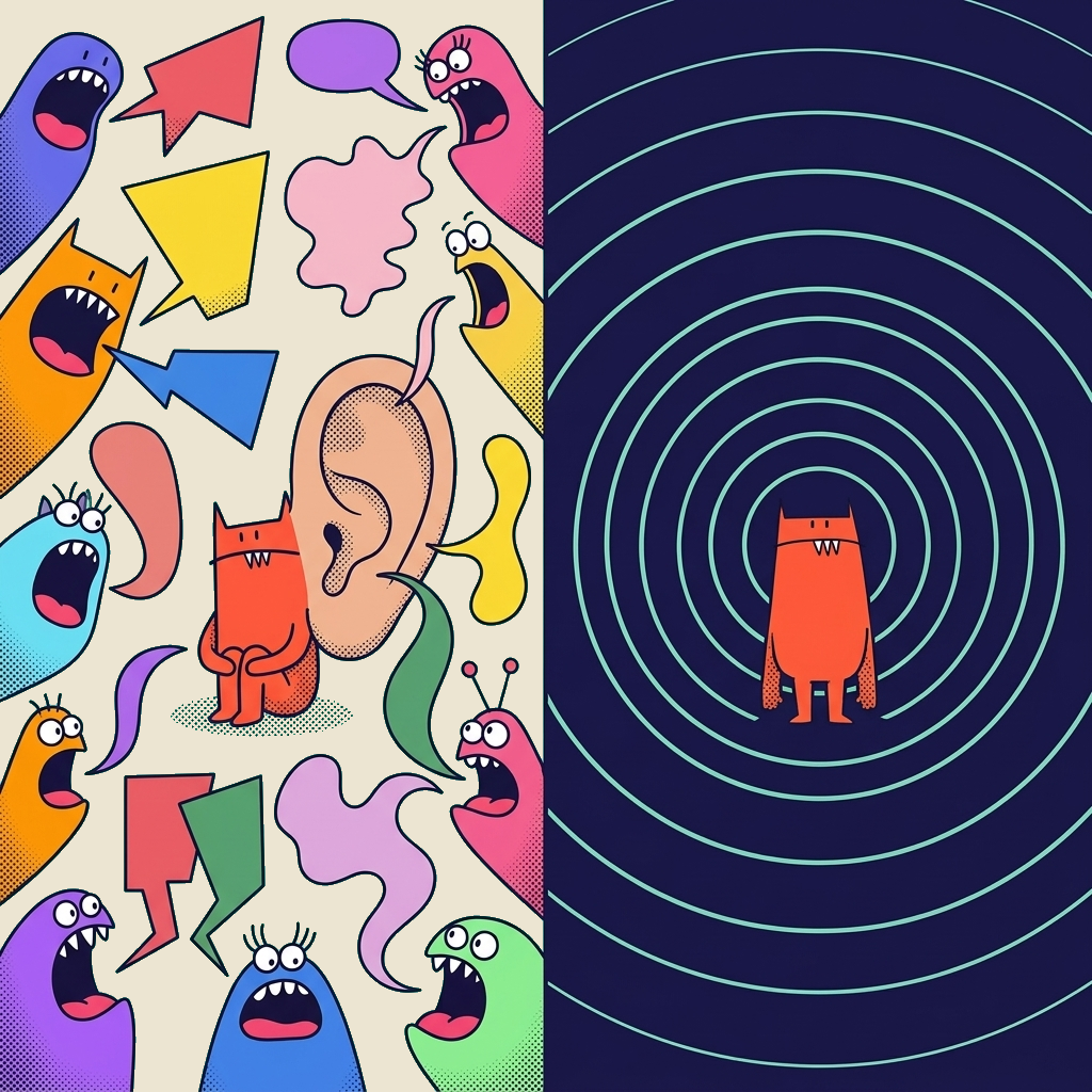 Gapingvoid illustration: chaos of voices on the left absorbed by a listener, radiating calm understanding on the right
