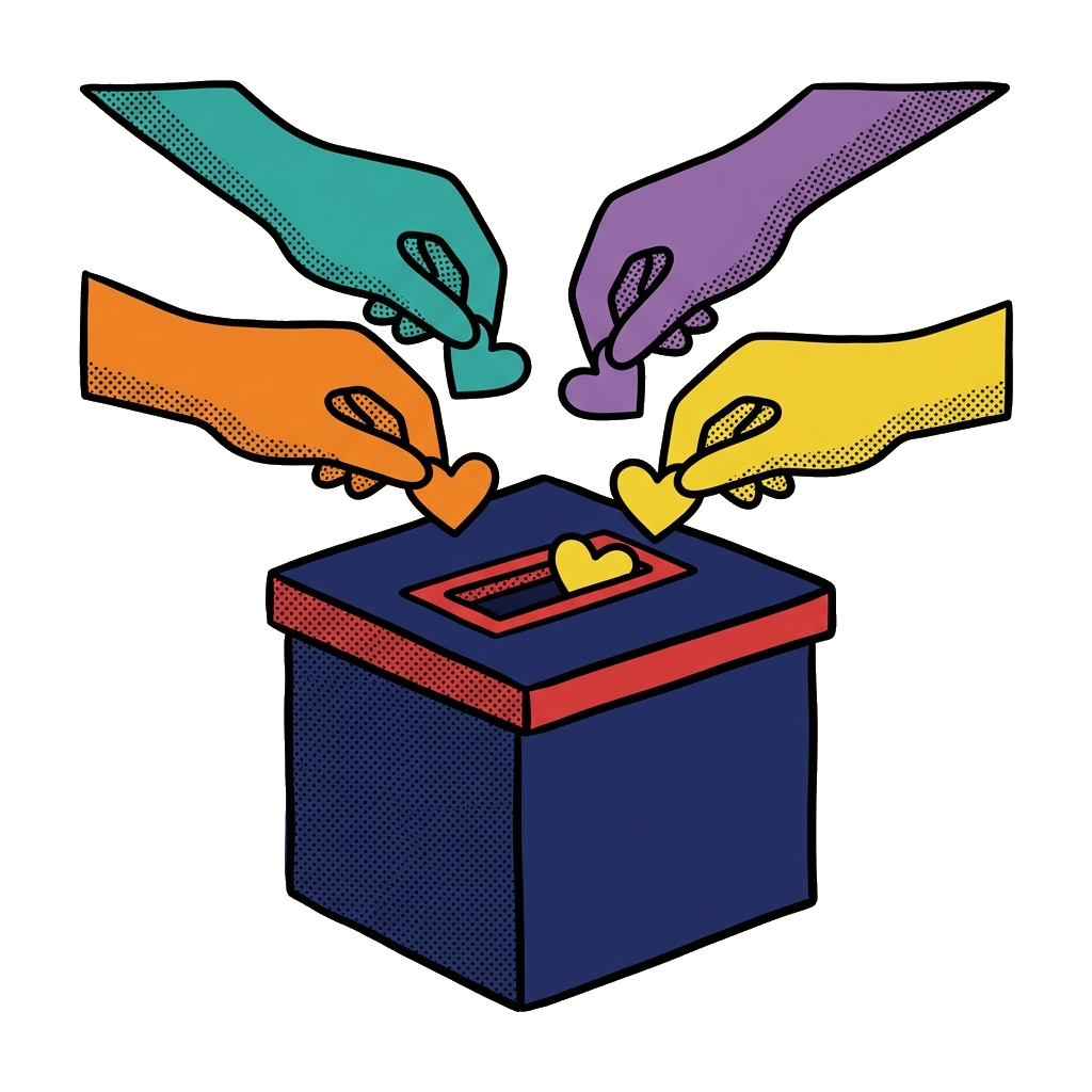 Colorful hands dropping heart-shaped ballots into a navy box