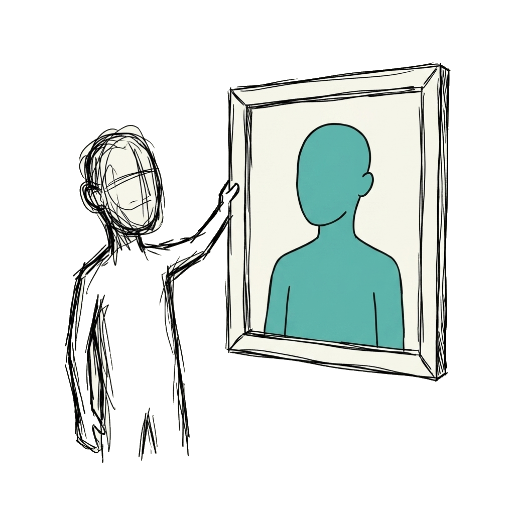 Sketchy figure holding a frame with a polished reflection — the self-picture