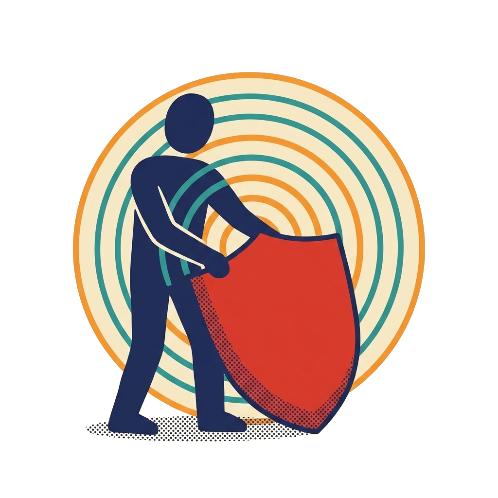 Figure lowering a red shield, revealing concentric rings of openness