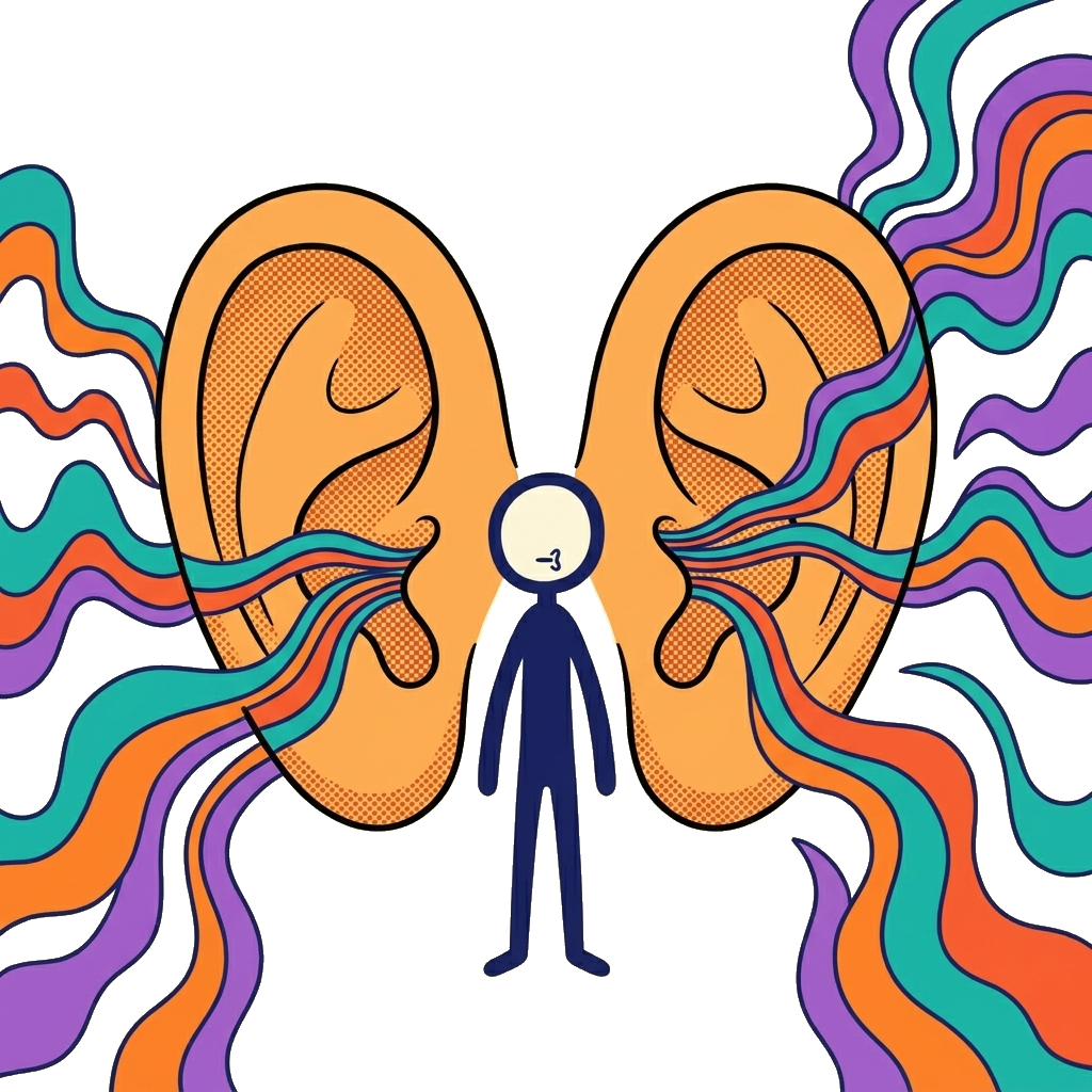 Figure with impossibly oversized ears absorbing colorful signals